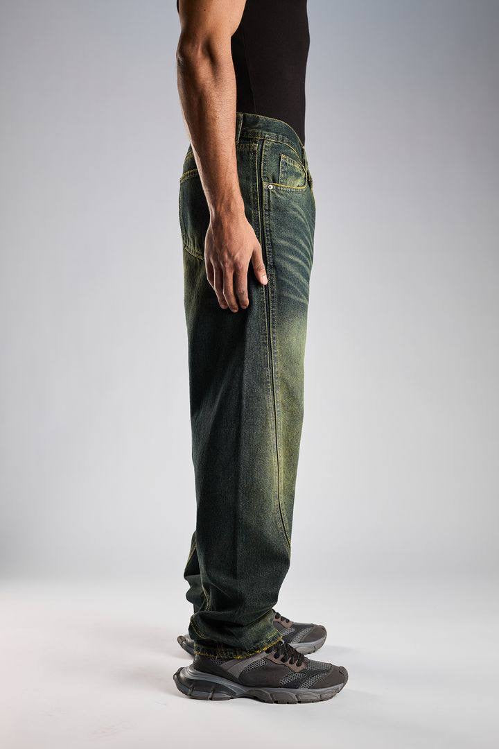 Baggy fit jeans with green tint in dark wash blue