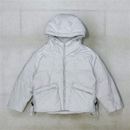 Hooded puffer jacket with side belt